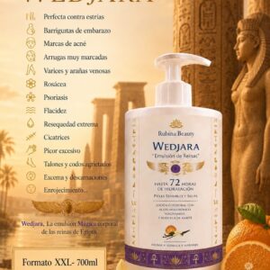 Wedjara "Emulsión de Reinas" de Rubina Beauty (700ml) – Loción Corporal HidratanteConsigue una piel extraordinariamente suave y radiante con Wedjara de Rubina Beauty, la loción corporal intensiva conocida como "La Emulsión de las Reinas". Formulada con una avanzada combinación molecular de Ácido Hialurónico, Niacinamida y Manteca de Karité, esta crema premium ofrece hasta 72 horas de hidratación profunda, siendo el tratamiento definitivo para aliviar de forma inmediata las pieles sensibles y secas.Su textura fluida de absorción exprés se funde al instante sin dejar sensación grasa, envolviendo tu cuerpo en un sofisticado y reconfortante aroma a vainilla y naranja. Alta cosmética molecular en tamaño profesional para cuidar tus brazos, piernas y escote con el mismo rigor que cuidas tu rostro.