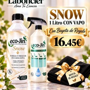 eco-Jin Snow 1L con Pulverizador + Bayeta de Regalo – Detergente Concentrado Multiusos

eco-Jin Snow es el detergente concentrado multiusos definitivo para quienes buscan una limpieza profunda, profesional y respetuosa con el medio ambiente. Esta exclusiva oferta incluye una botella de 1 Litro de eco-Jin Snow, un envase con pulverizador (vapo) para una cómoda dosificación y una bayeta de regalo, todo por solo 16,45€.
Fabricado en España por la prestigiosa marca Laboncler, este potente limpiador destaca por su lema: "Pureza y frescor en cada gota". Su fórmula avanzada limpia, desengrasa y elimina las manchas más difíciles en todo tipo de superficies, siendo ideal tanto para el uso doméstico como profesional.
• Precio: 16,45€
• Contenido del pack: 1L eco-Jin Snow + Botella Pulverizadora + Bayeta de microfibra de regalo.
• Disponibilidad: Envío inmediato / En stock.